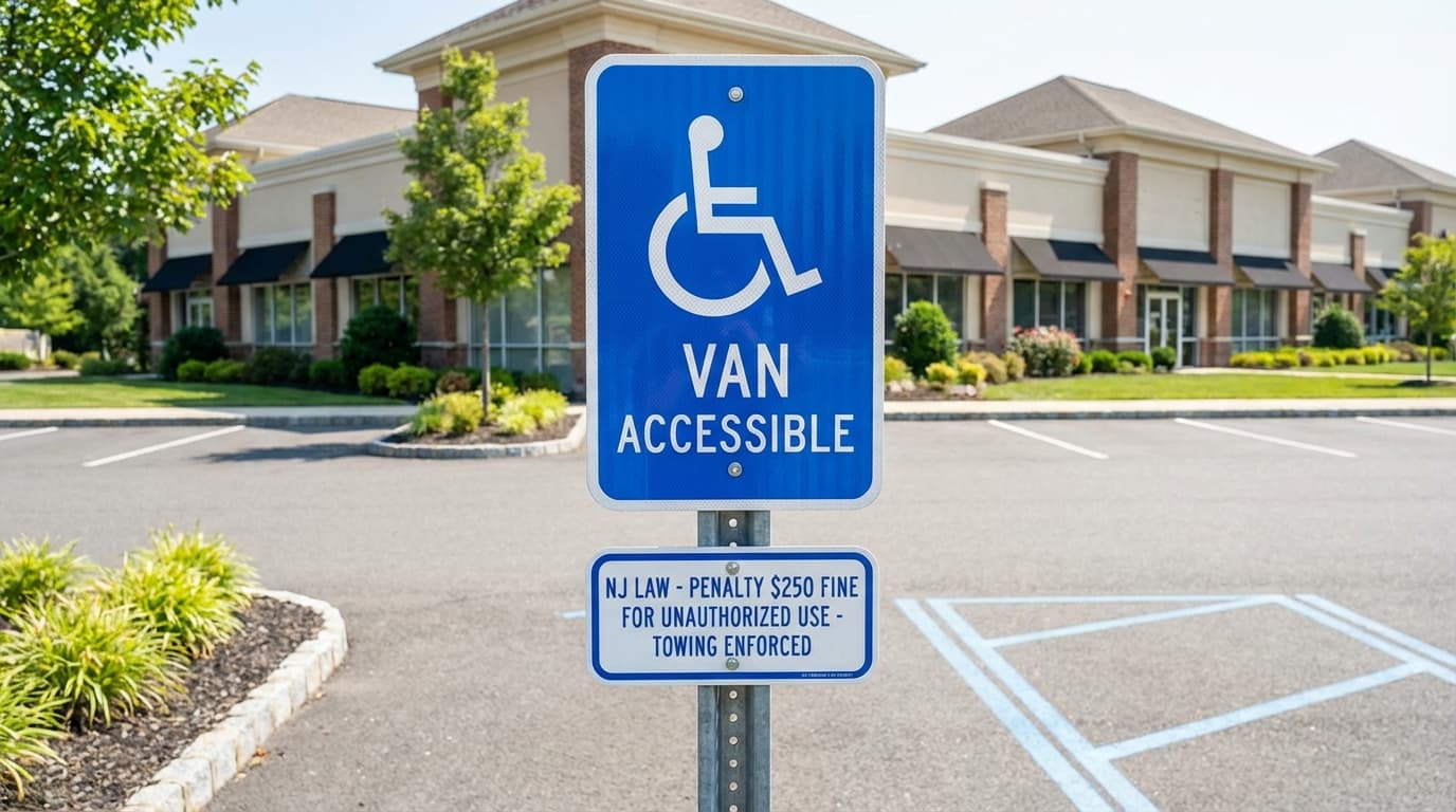 ADA accessible parking sign with Van Accessible designation and NJ fine notice mounted on a pole in a commercial parking lot