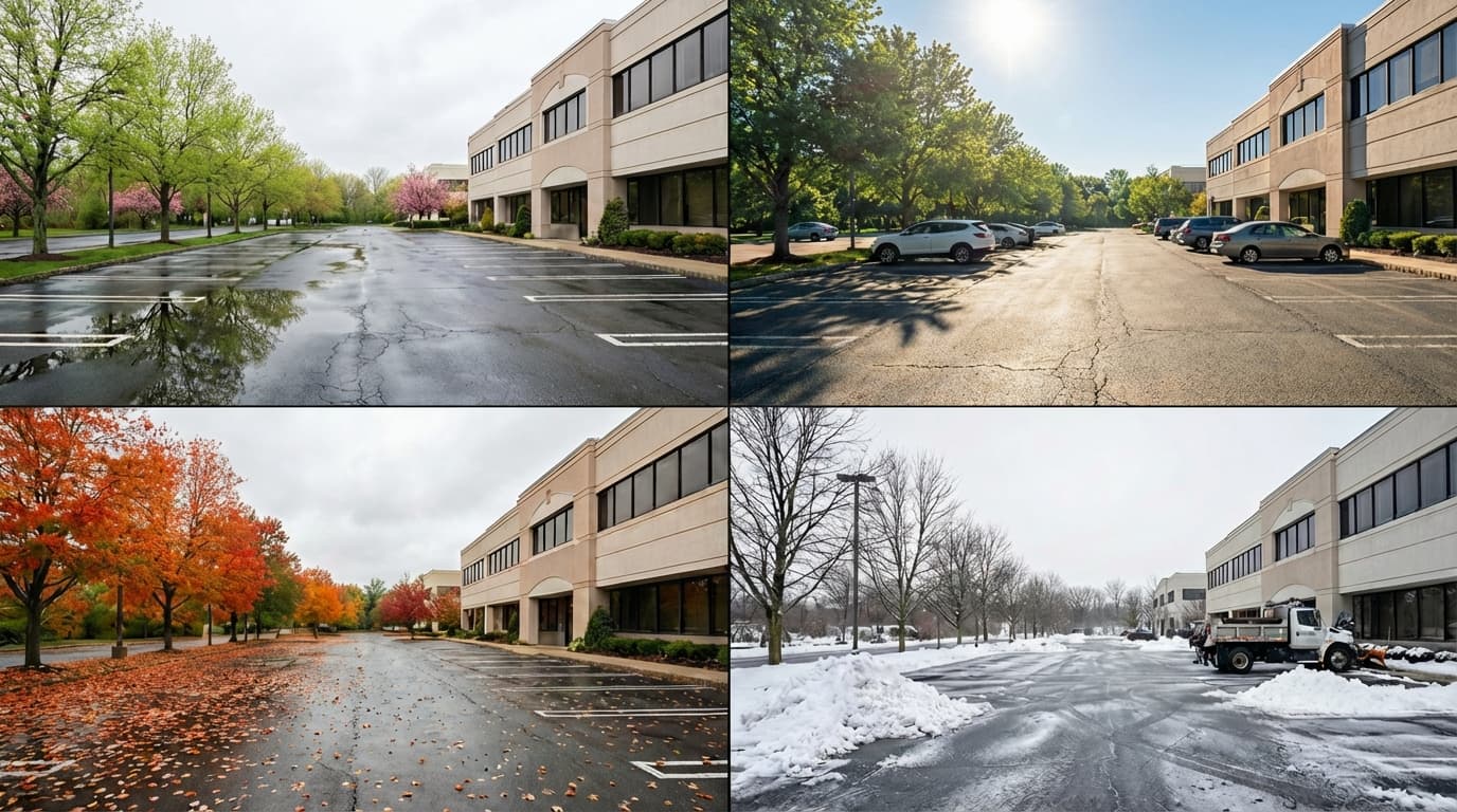 Four-season comparison of a New Jersey parking lot showing spring, summer, fall, and winter conditions affecting sealcoating timing