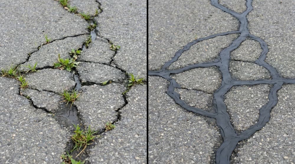 Before and after comparison of professional crack sealing repair