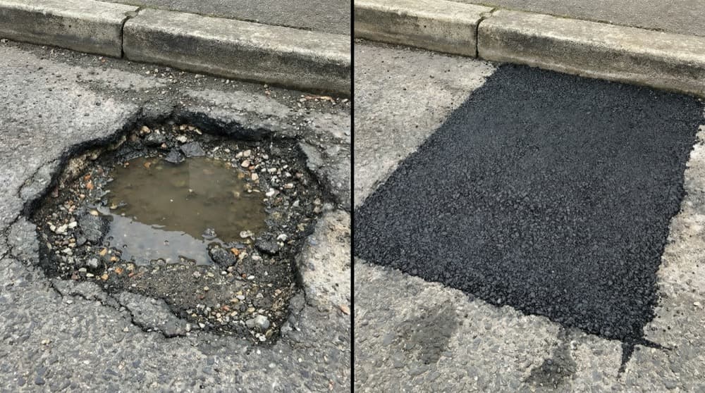 Before and after pothole repair comparison showing dramatic transformation from damaged asphalt to smooth repaired surface
