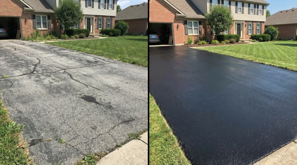 Before and after driveway sealcoating comparison showing dramatic transformation from faded gray asphalt to rich black sealed surface