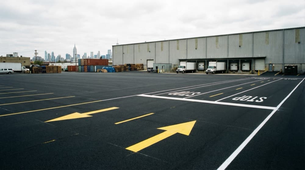 Professional sealcoating work on a Newark commercial property showing fresh pavement protection