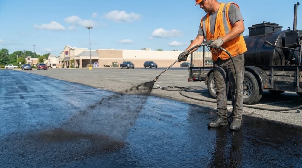 Professional pothole repair equipment in action showing crew applying hot mix asphalt