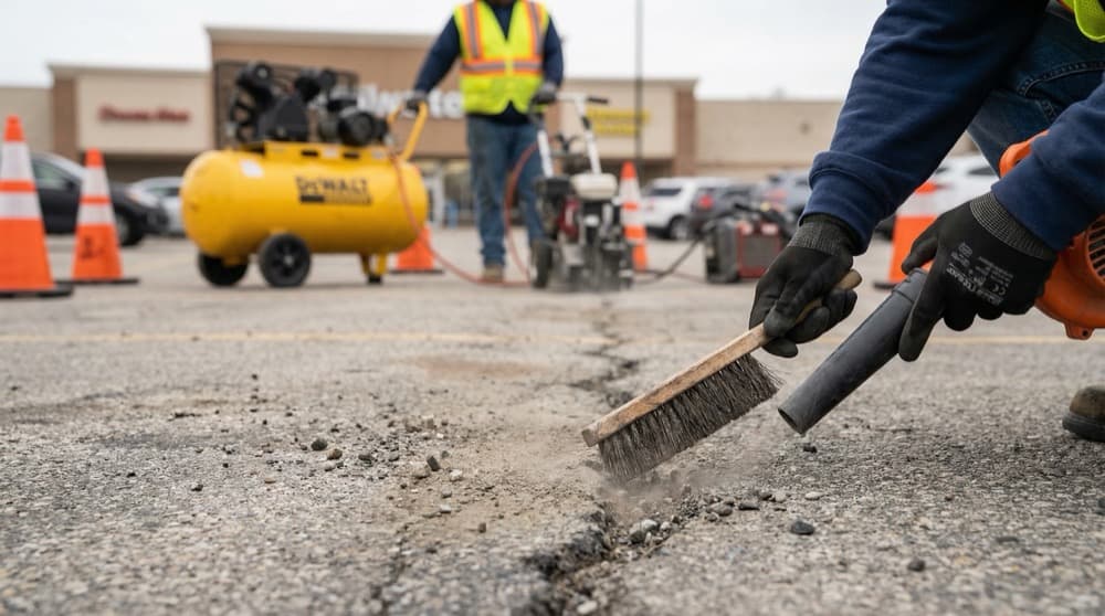 Professional crack sealing preparation with hot-pour equipment