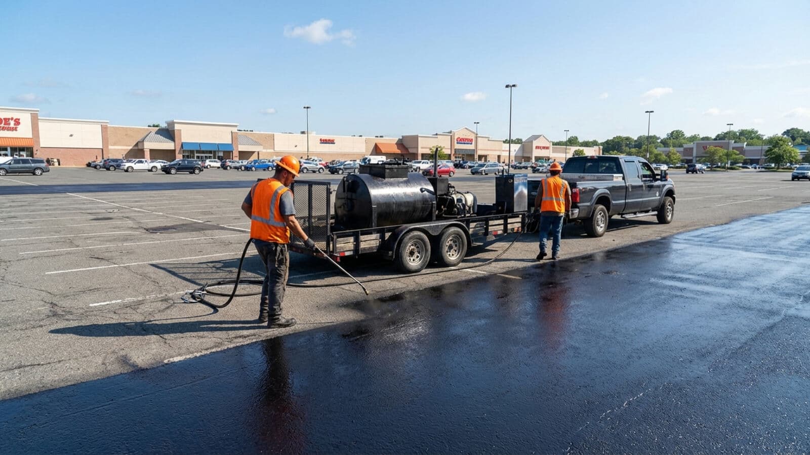 Freshly sealcoated commercial parking lot in New Jersey on a clear summer day
