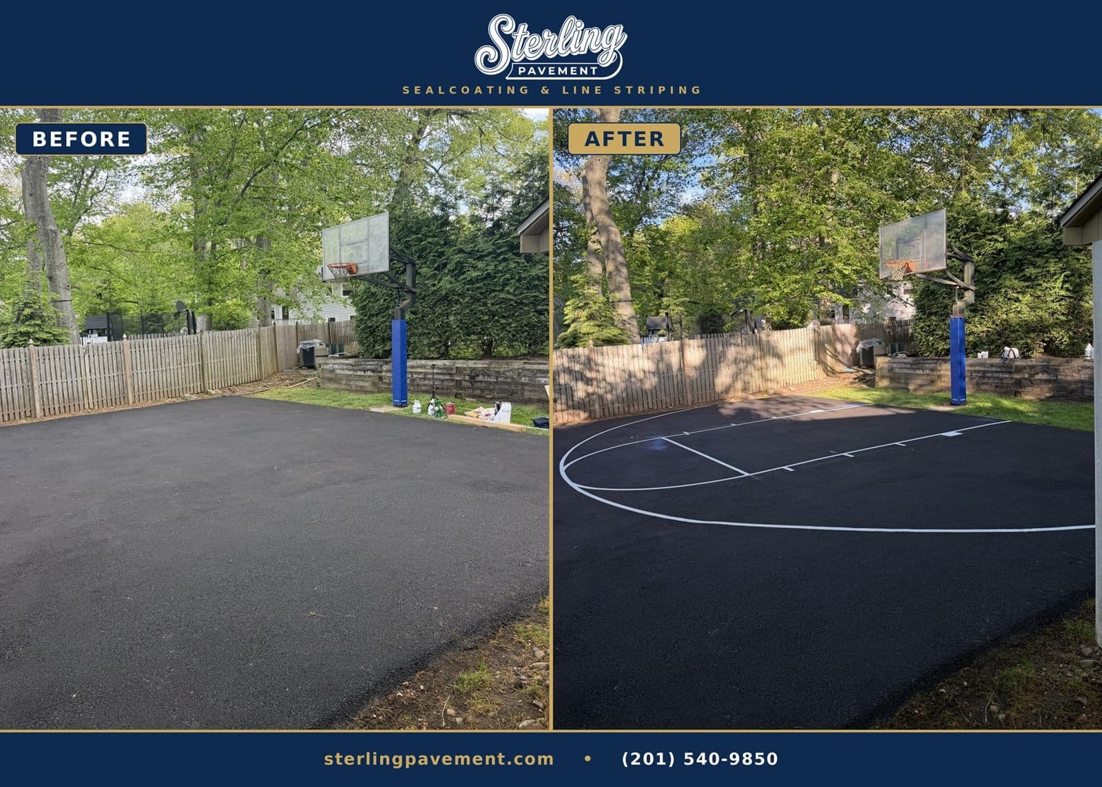 Before and after of a backyard basketball court resurfaced and striped in New Jersey