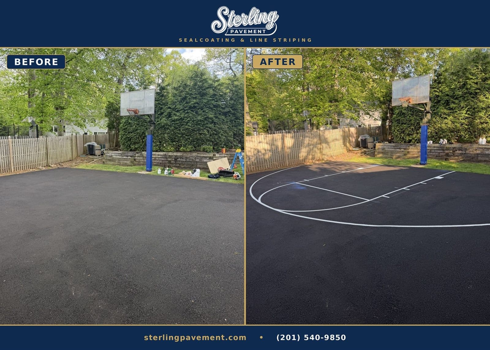 Before and after sports court resurfacing showing fresh acrylic surface and new lines