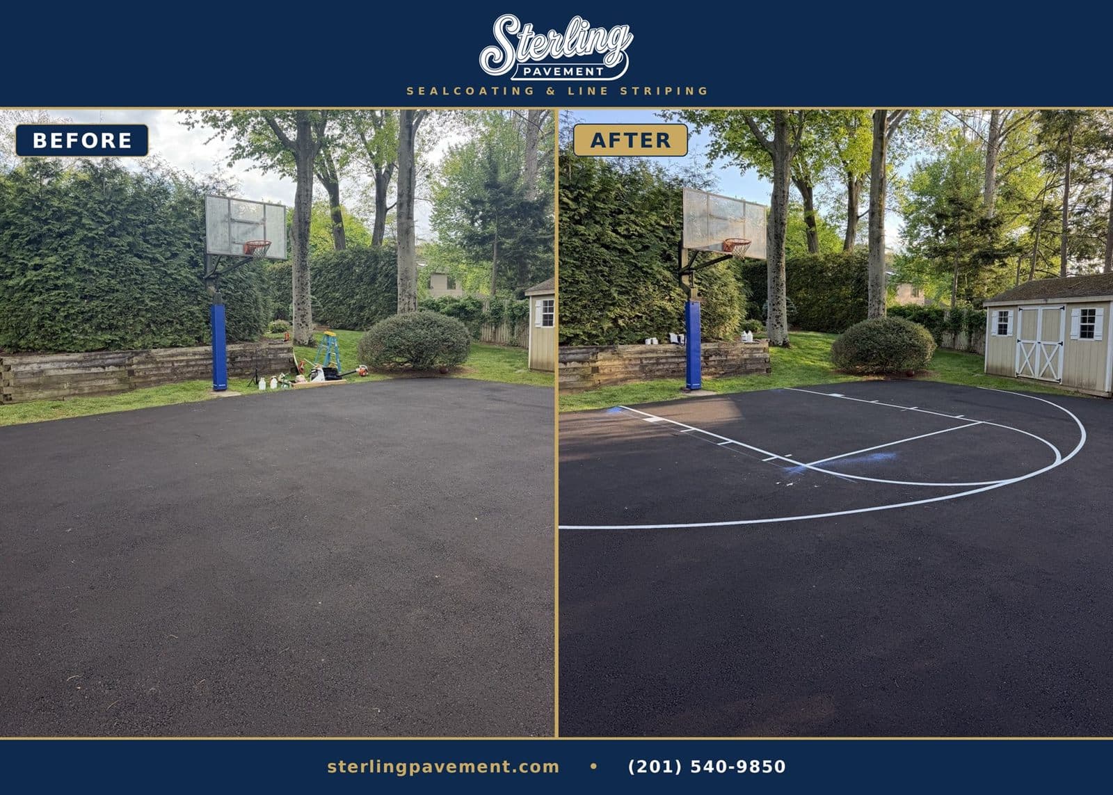 Before and after basketball court restoration with crisp regulation markings