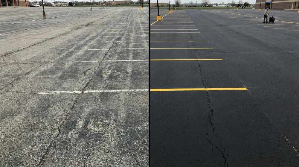 Before and after parking lot sealcoating comparison showing dramatic transformation from faded gray asphalt to rich black sealed surface