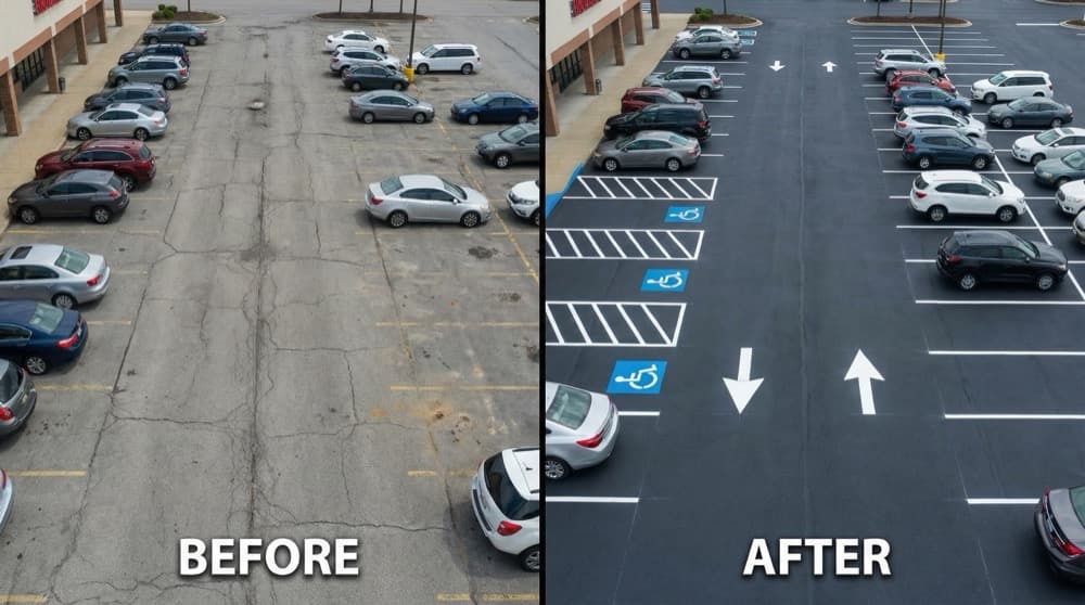 Before and after parking lot line striping comparison showing faded markings transformed to crisp new lines