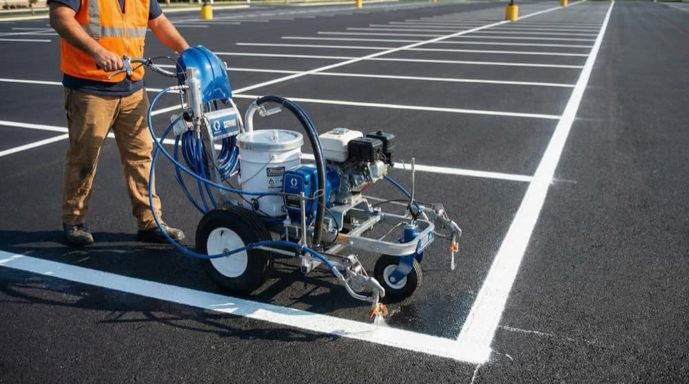 Professional line striping equipment applying fresh parking lot markings